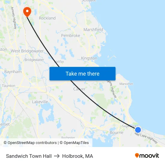 Sandwich Town Hall to Holbrook, MA map