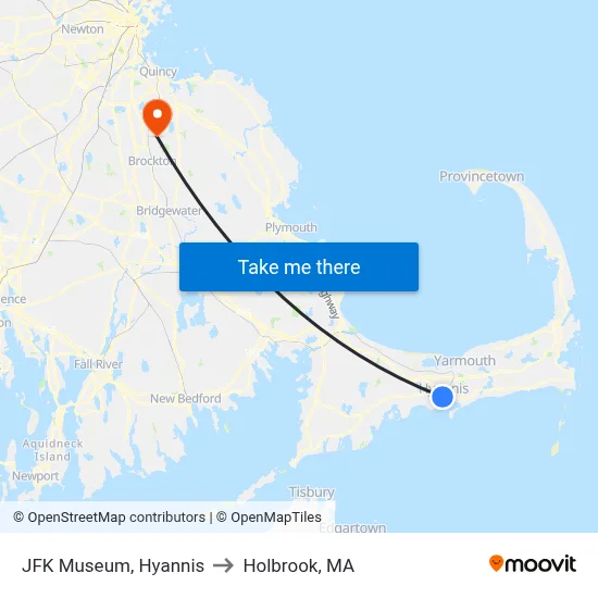 JFK Museum, Hyannis to Holbrook, MA map