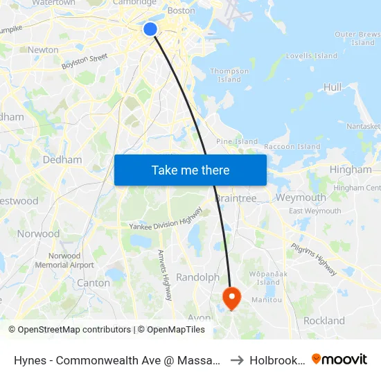 Hynes - Commonwealth Ave @ Massachusetts Ave to Holbrook, MA map