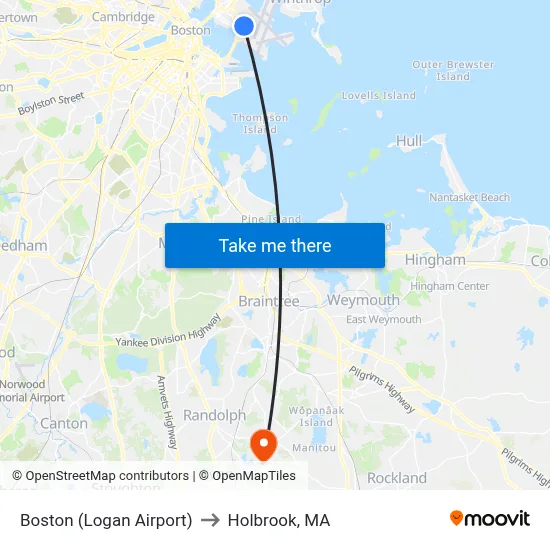 Boston (Logan Airport) to Holbrook, MA map