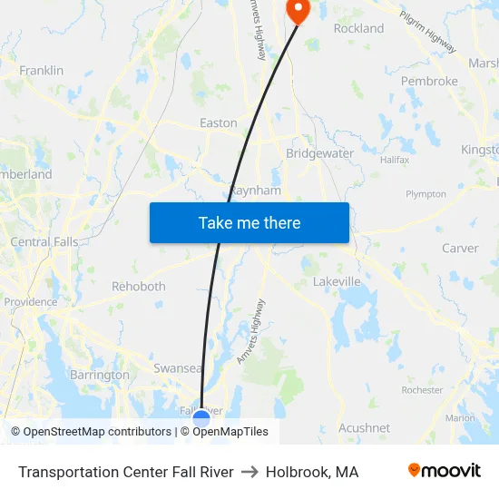 Transportation Center Fall River to Holbrook, MA map
