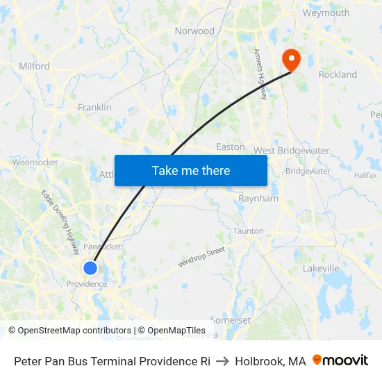 Peter Pan Bus Terminal Providence Ri to Holbrook, MA map
