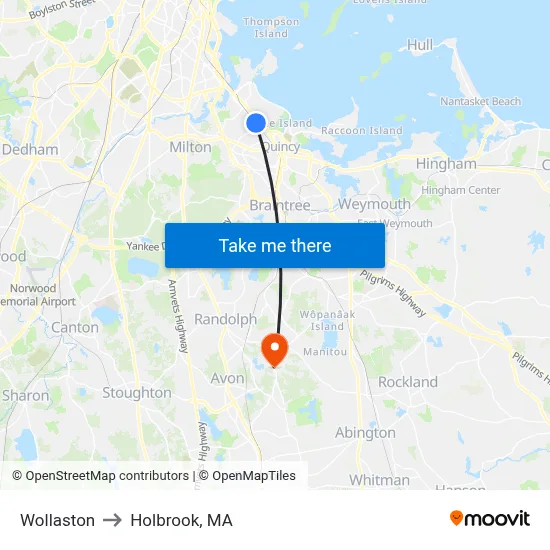 Wollaston to Holbrook, MA map
