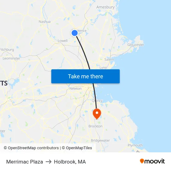 Merrimac Plaza to Holbrook, MA map