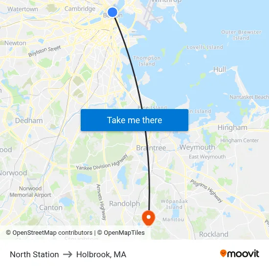 North Station to Holbrook, MA map