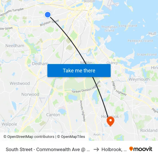 South Street - Commonwealth Ave @ South St to Holbrook, MA map