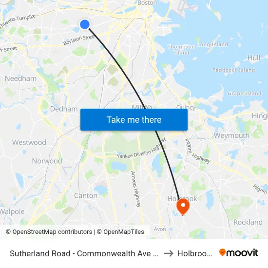Sutherland Road - Commonwealth Ave @ Colborne Rd to Holbrook, MA map
