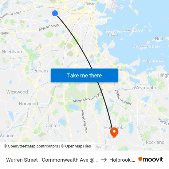 Warren Street - Commonwealth Ave @ Kelton St to Holbrook, MA map