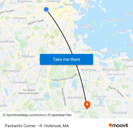 Packard's Corner to Holbrook, MA map