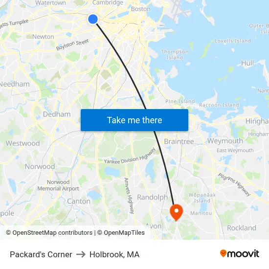 Packard's Corner to Holbrook, MA map