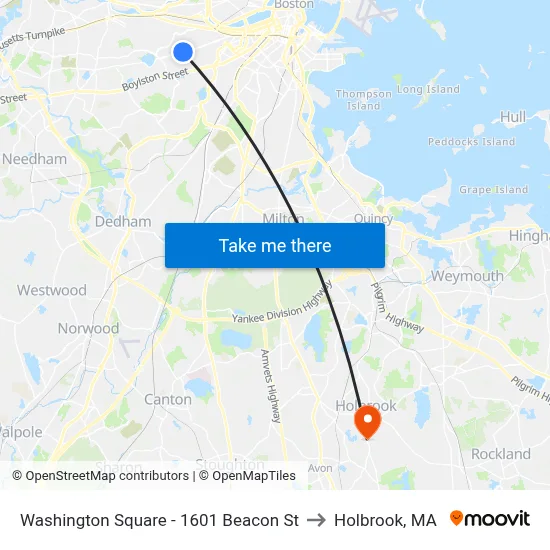 Washington Square - 1601 Beacon St to Holbrook, MA map