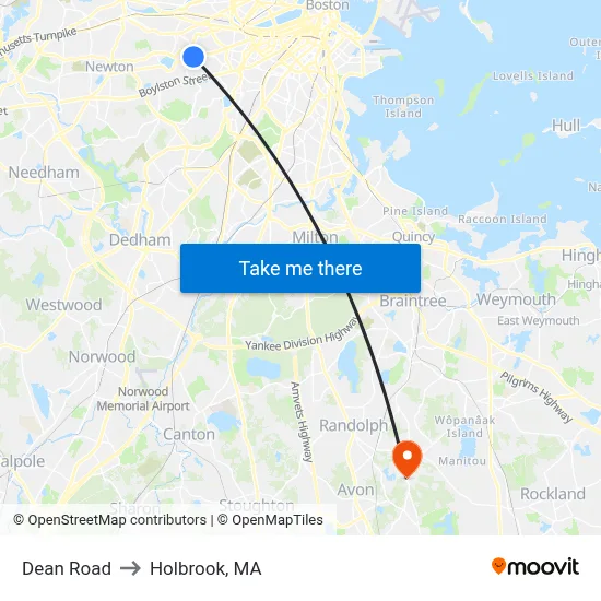 Dean Road to Holbrook, MA map
