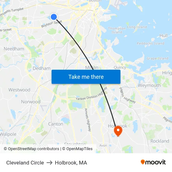 Cleveland Circle to Holbrook, MA map