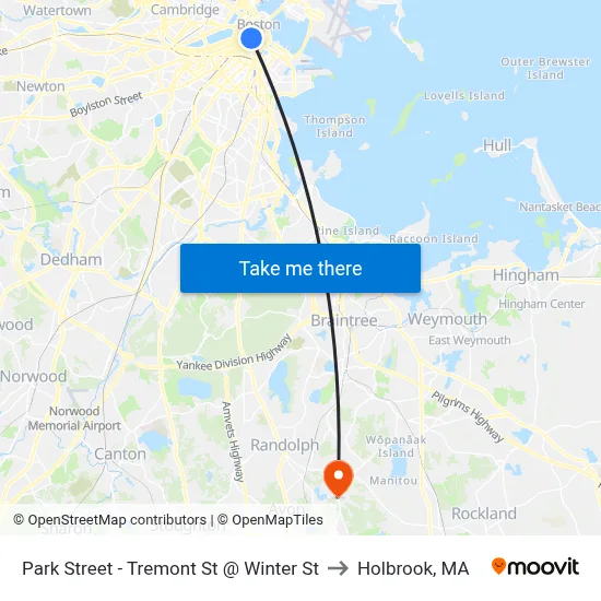 Park Street - Tremont St @ Winter St to Holbrook, MA map