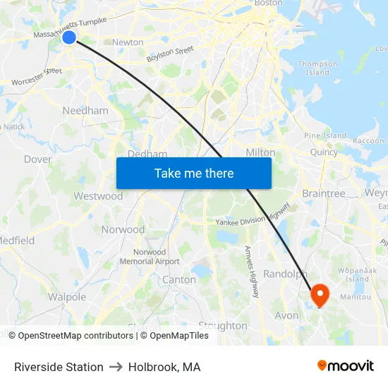 Riverside Station to Holbrook, MA map