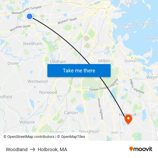 Woodland to Holbrook, MA map