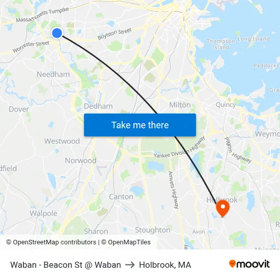 Waban - Beacon St @ Waban to Holbrook, MA map