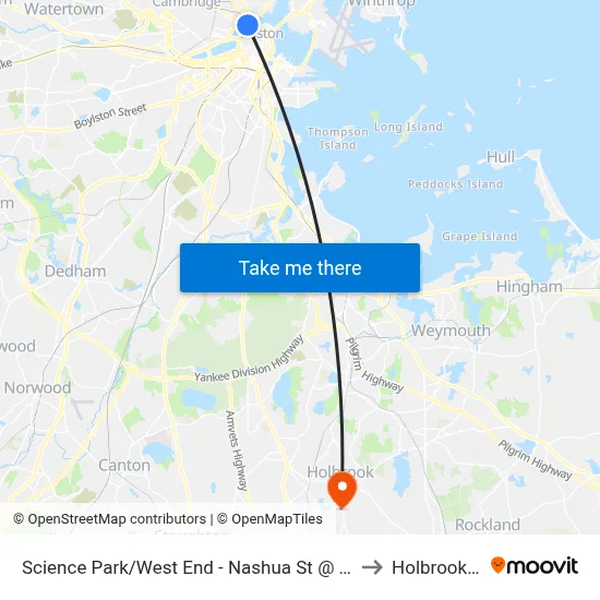 Science Park/West End - Nashua St @ Leverett Cir to Holbrook, MA map