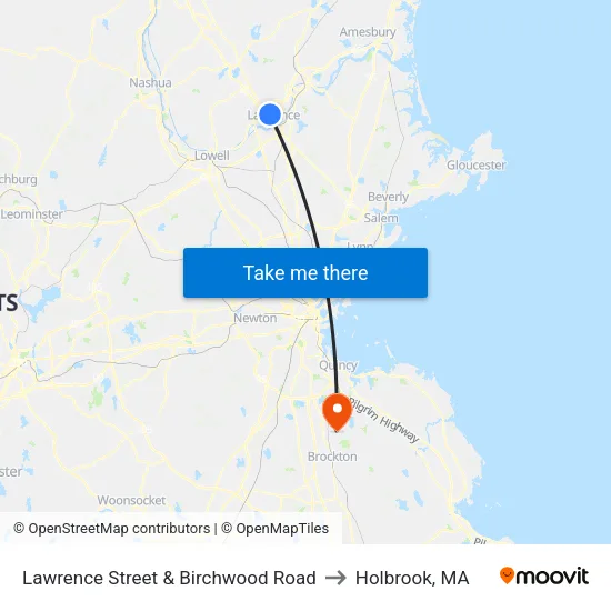 Lawrence Street & Birchwood Road to Holbrook, MA map