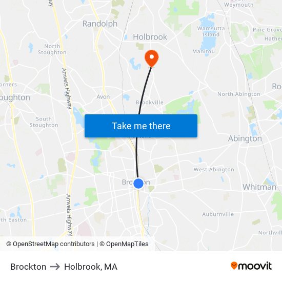 Brockton to Holbrook, MA map