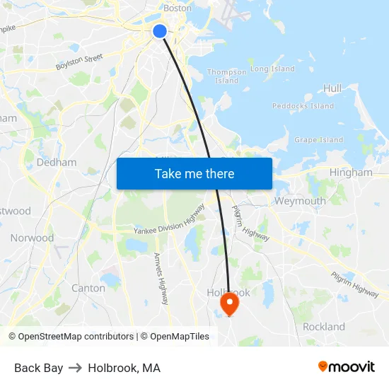 Back Bay to Holbrook, MA map