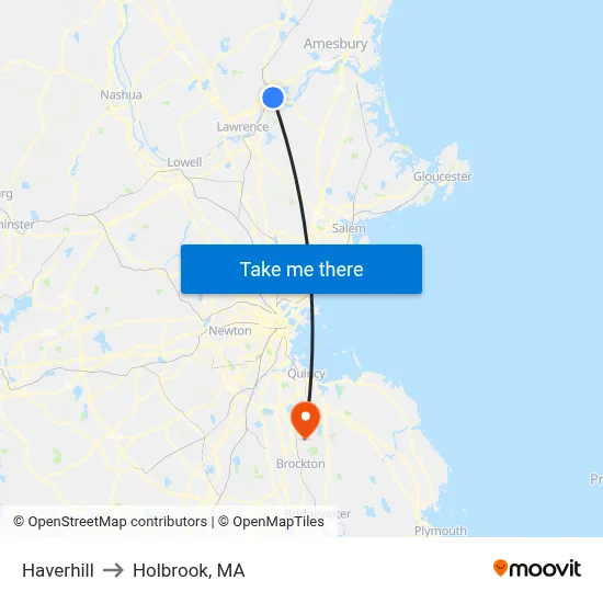 Haverhill to Holbrook, MA map