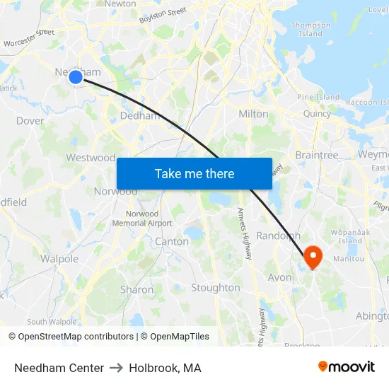 Needham Center to Holbrook, MA map