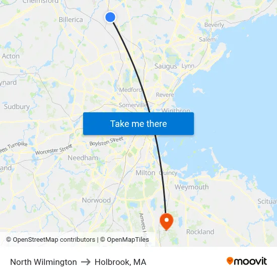 North Wilmington to Holbrook, MA map