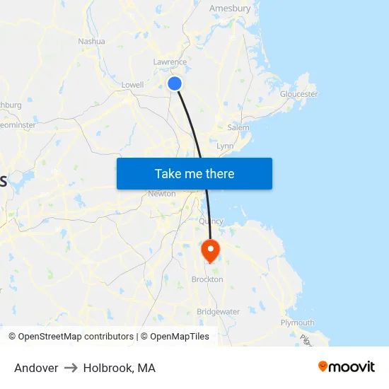 Andover to Holbrook, MA map