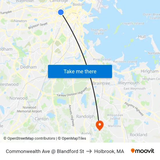 Commonwealth Ave @ Blandford St to Holbrook, MA map