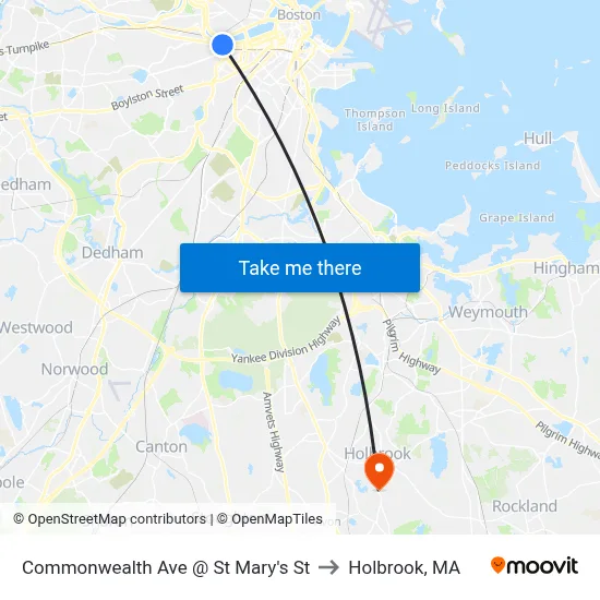 Commonwealth Ave @ St Mary's St to Holbrook, MA map