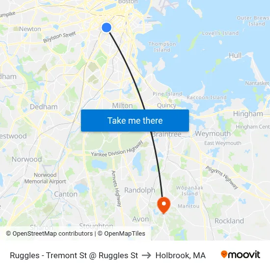 Ruggles - Tremont St @ Ruggles St to Holbrook, MA map