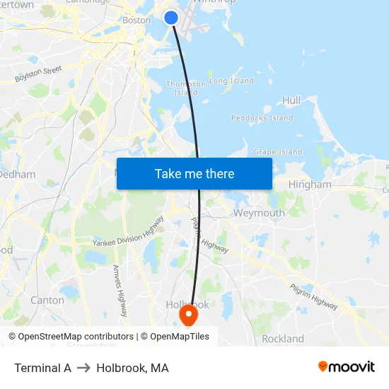Terminal A to Holbrook, MA map