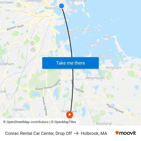 Conrac Rental Car Center, Drop Off to Holbrook, MA map