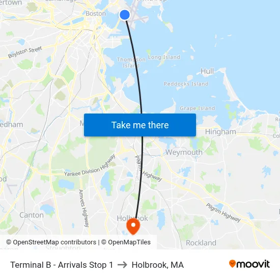 Terminal B - Arrivals Stop 1 to Holbrook, MA map