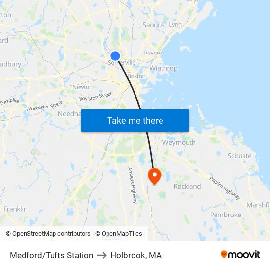 Medford/Tufts Station to Holbrook, MA map