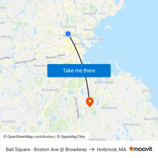 Ball Square - Boston Ave @ Broadway to Holbrook, MA map
