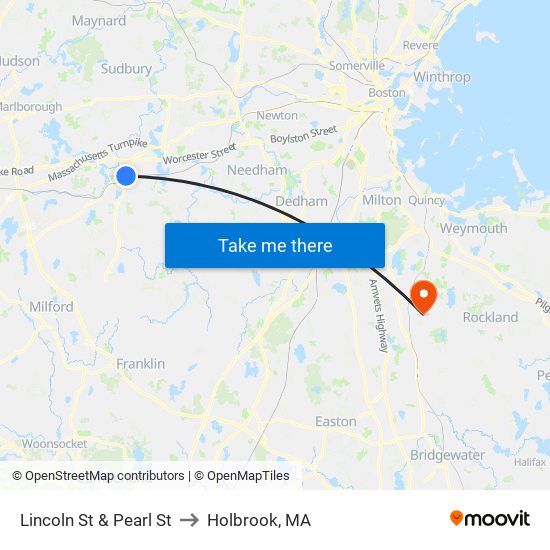 Lincoln St & Pearl St to Holbrook, MA map