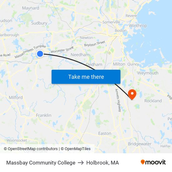 Massbay Community College to Holbrook, MA map