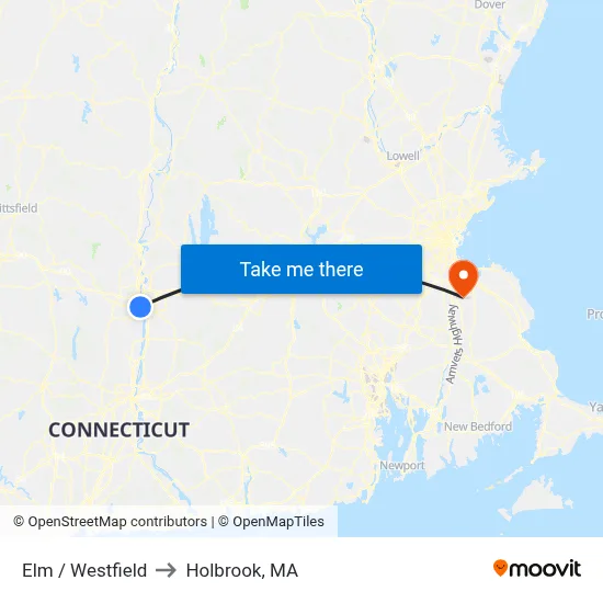 Elm / Westfield to Holbrook, MA map