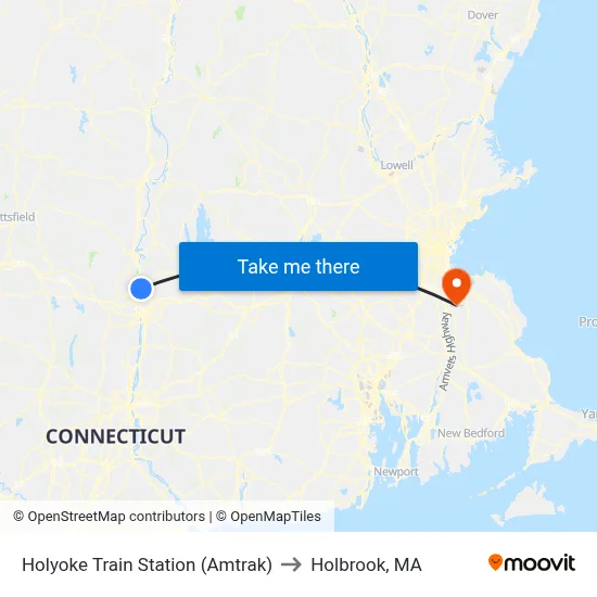 Holyoke Train Station (Amtrak) to Holbrook, MA map