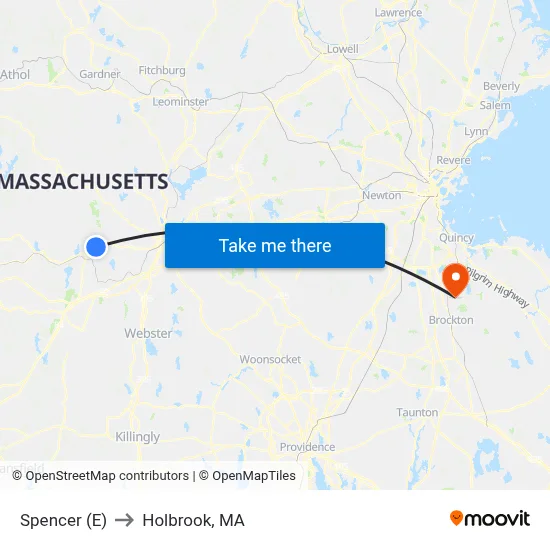 Spencer (E) to Holbrook, MA map