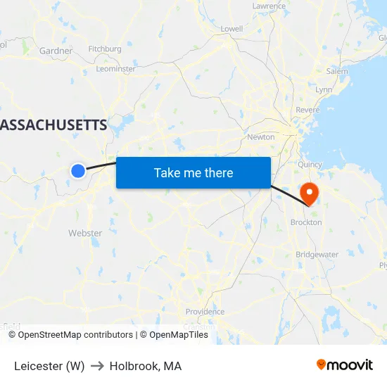 Leicester (W) to Holbrook, MA map