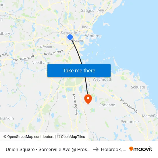 Union Square - Somerville Ave @ Prospect St to Holbrook, MA map