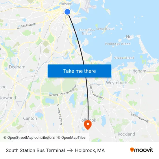 South Station Bus Terminal to Holbrook, MA map