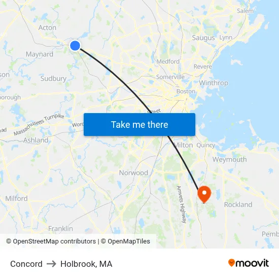 Concord to Holbrook, MA map