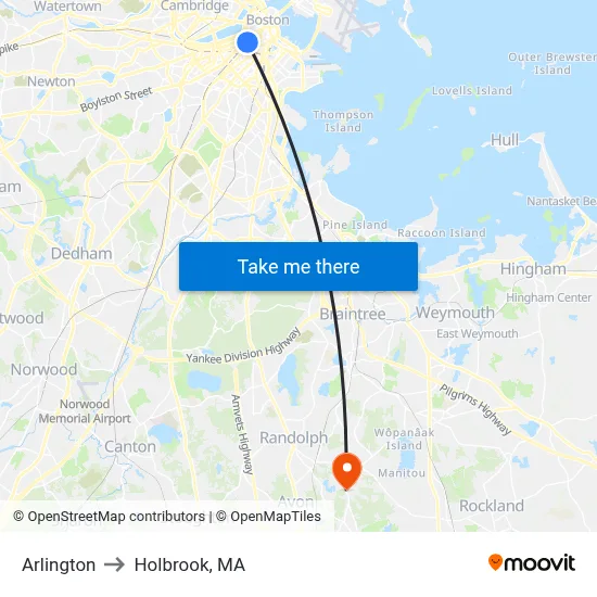 Arlington to Holbrook, MA map