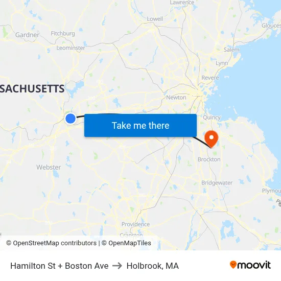 Hamilton St + Boston Ave to Holbrook, MA map