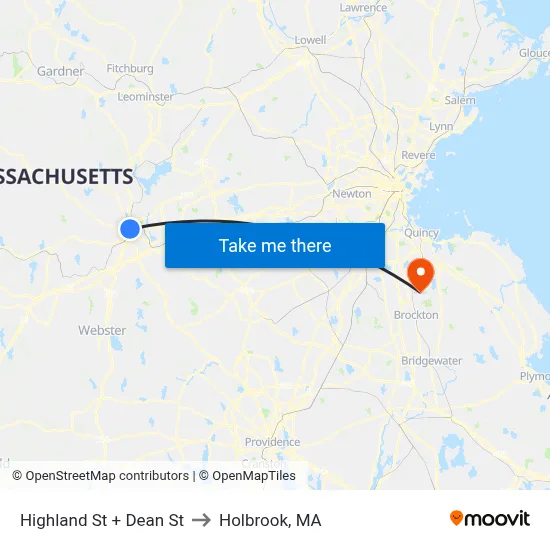 Highland St + Dean St to Holbrook, MA map