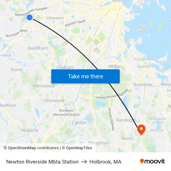 Newton Riverside Mbta Station to Holbrook, MA map